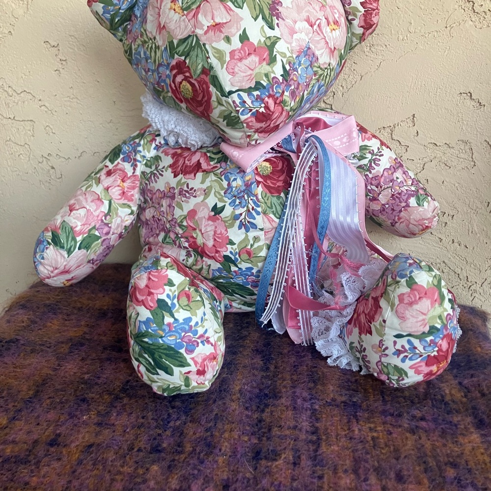 Floral Teddy Bear with Pink and Blue Accents